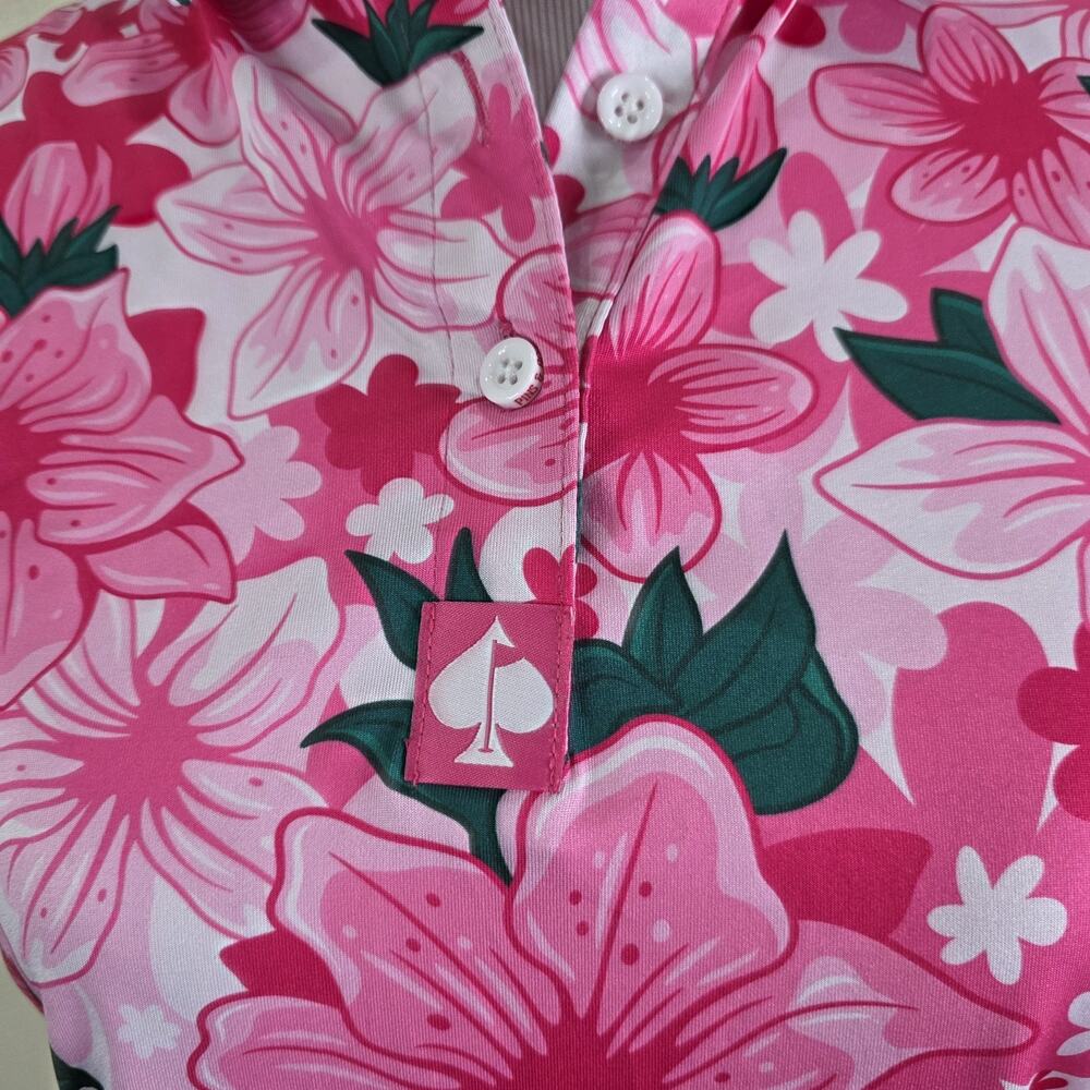 Pins & Aces Augusta Azaleas Sleeveless Polo Golf Shirt Size Small Pink Green - Picture 3 of 8